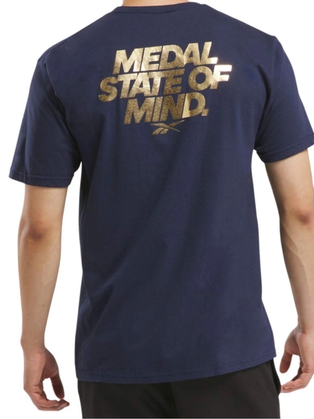 NWT Reebok Navy Blue Tee Metallic Gold Graphic 100% Cotton Medal State of Mind